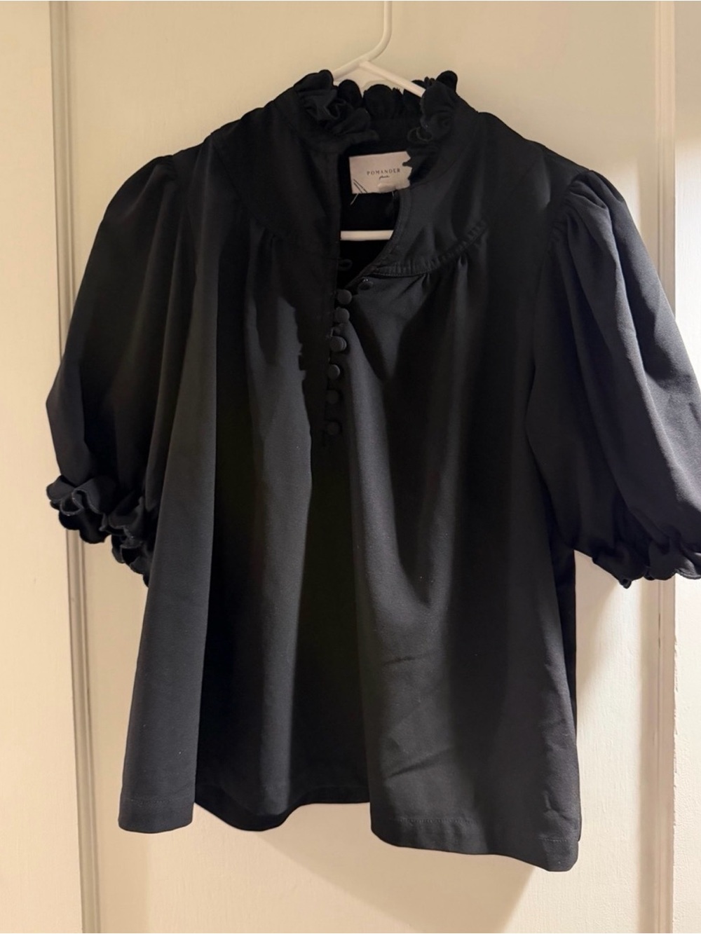 Pomander Place Black Ruffle-Neck Puff Sleeve Blouse